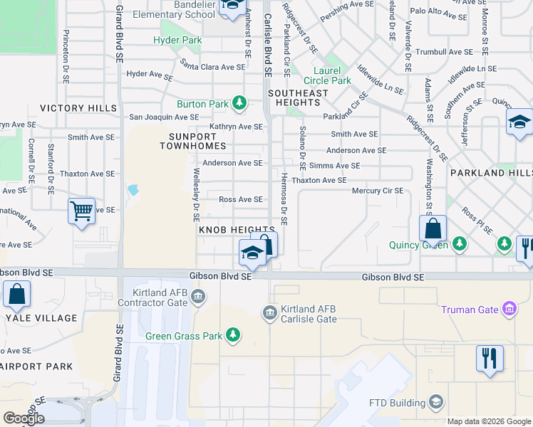 map of restaurants, bars, coffee shops, grocery stores, and more near 3530 Vail Avenue Southeast in Albuquerque