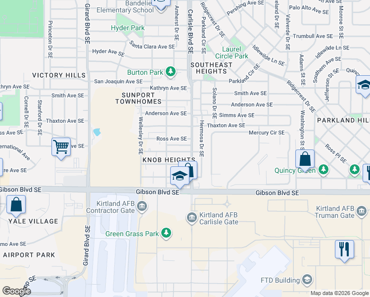 map of restaurants, bars, coffee shops, grocery stores, and more near 3530 Vail Avenue Southeast in Albuquerque