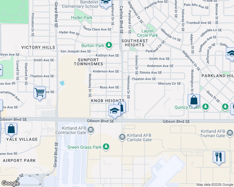 map of restaurants, bars, coffee shops, grocery stores, and more near 3530 Vail Avenue Southeast in Albuquerque