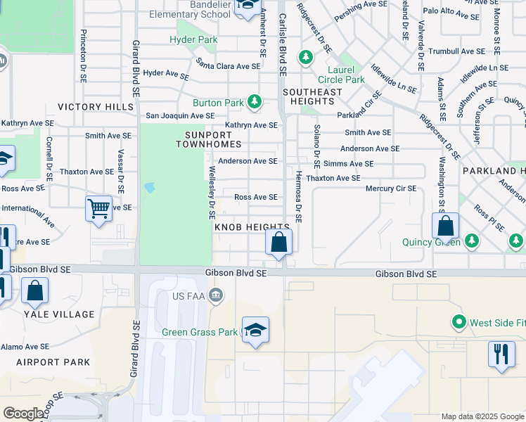 map of restaurants, bars, coffee shops, grocery stores, and more near 3530 Vail Avenue Southeast in Albuquerque