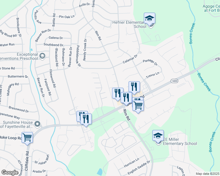 map of restaurants, bars, coffee shops, grocery stores, and more near 5001 Spellow Lane in Fayetteville