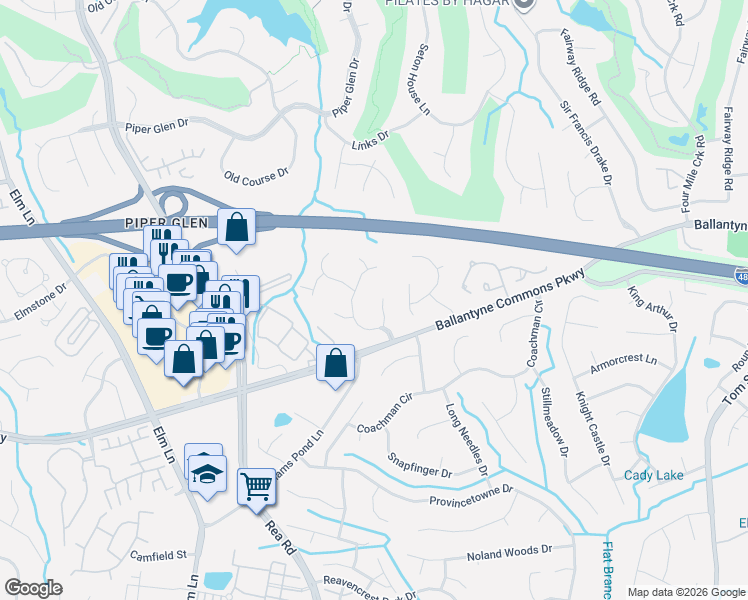 map of restaurants, bars, coffee shops, grocery stores, and more near 7412 Nicole Circle in Charlotte
