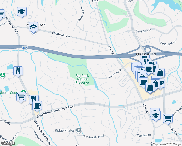 map of restaurants, bars, coffee shops, grocery stores, and more near 6500 Elmstone Drive in Charlotte