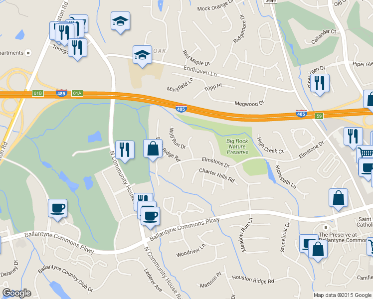 map of restaurants, bars, coffee shops, grocery stores, and more near 6816 Elmstone Drive in Charlotte