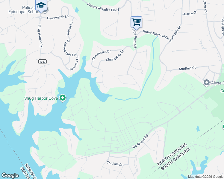 map of restaurants, bars, coffee shops, grocery stores, and more near 16402 Crosshaven Drive in Charlotte