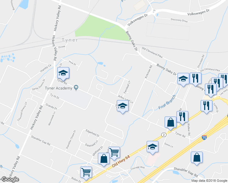 map of restaurants, bars, coffee shops, grocery stores, and more near 7030 Arbor Leaf Lane in Chattanooga