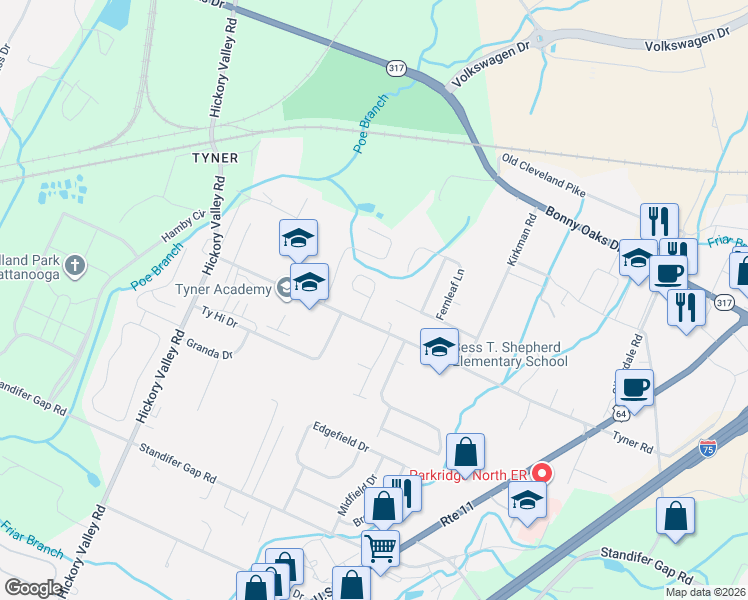 map of restaurants, bars, coffee shops, grocery stores, and more near 7106 Blossom Circle in Chattanooga