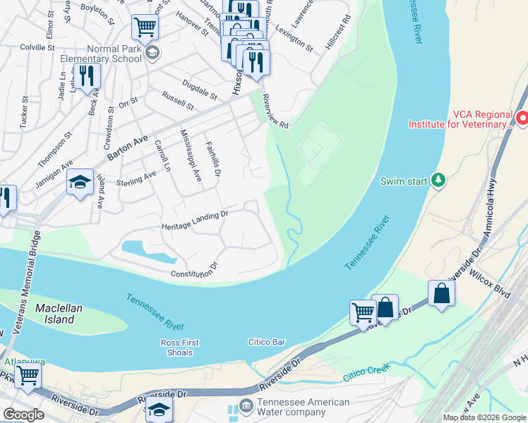 map of restaurants, bars, coffee shops, grocery stores, and more near 1410 Heritage Landing Drive in Chattanooga