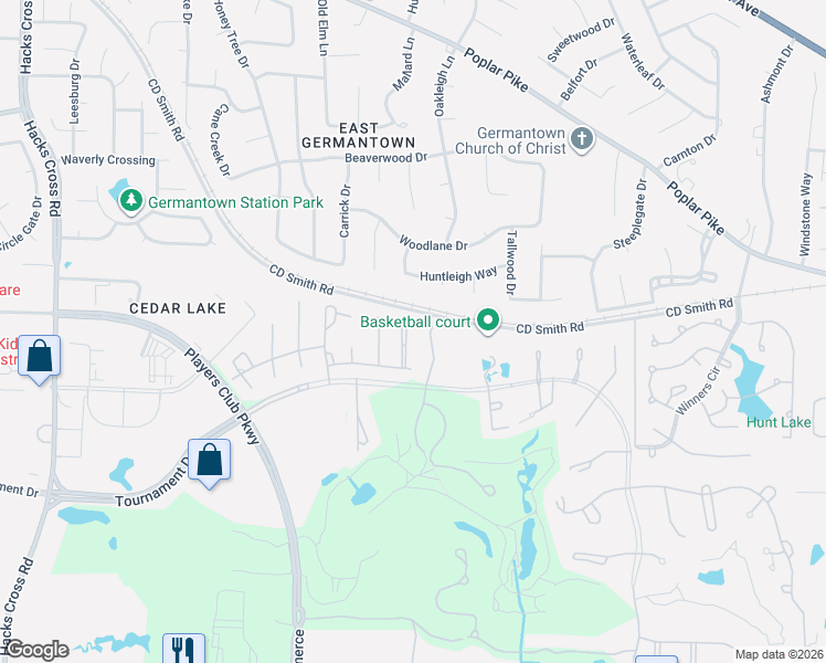 map of restaurants, bars, coffee shops, grocery stores, and more near 3228 South Silverwind Cove in Memphis