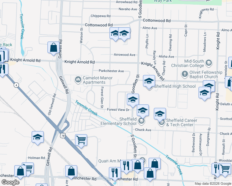 map of restaurants, bars, coffee shops, grocery stores, and more near 3216 Southbridge Street in Memphis