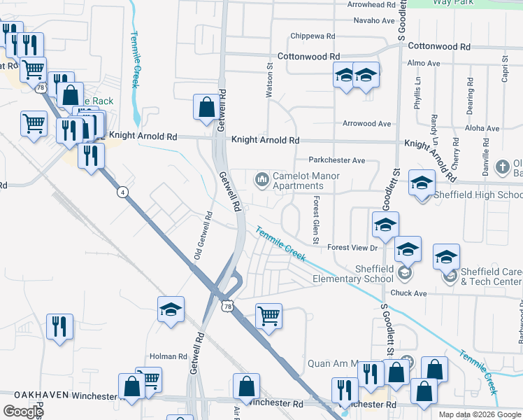 map of restaurants, bars, coffee shops, grocery stores, and more near 4002 Ashview Cove in Memphis
