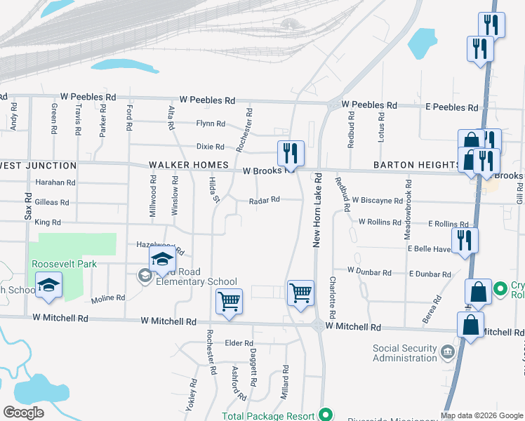 map of restaurants, bars, coffee shops, grocery stores, and more near 225 Radar Road in Memphis
