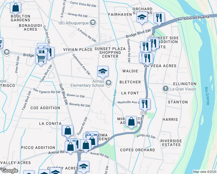map of restaurants, bars, coffee shops, grocery stores, and more near 1440 Gatewood Avenue Southwest in Albuquerque