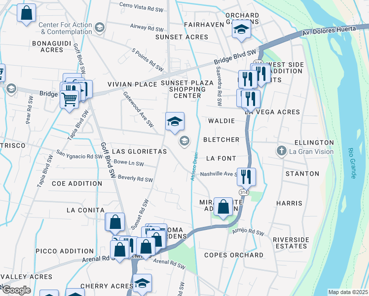 map of restaurants, bars, coffee shops, grocery stores, and more near 1440 Gatewood Avenue Southwest in Albuquerque
