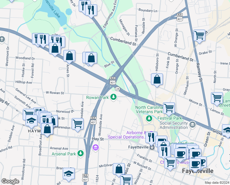 map of restaurants, bars, coffee shops, grocery stores, and more near 770 West Rowan Street in Fayetteville