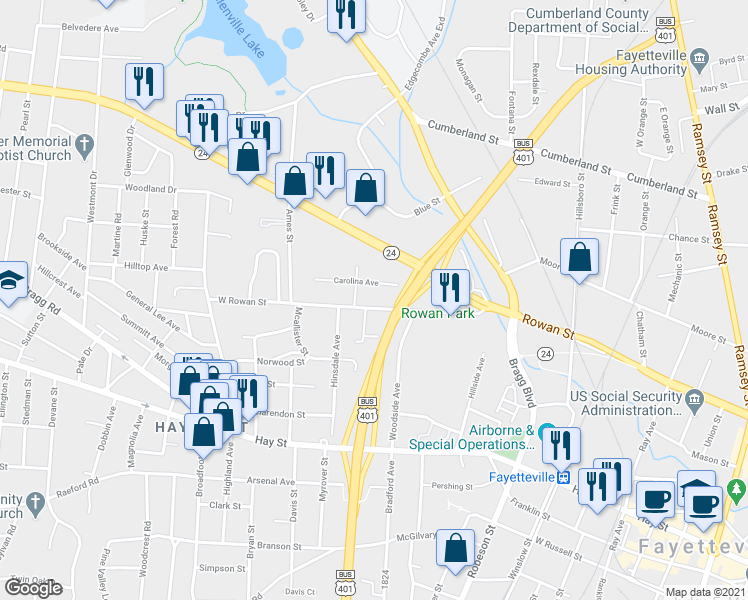 map of restaurants, bars, coffee shops, grocery stores, and more near 818 West Rowan Street in Fayetteville
