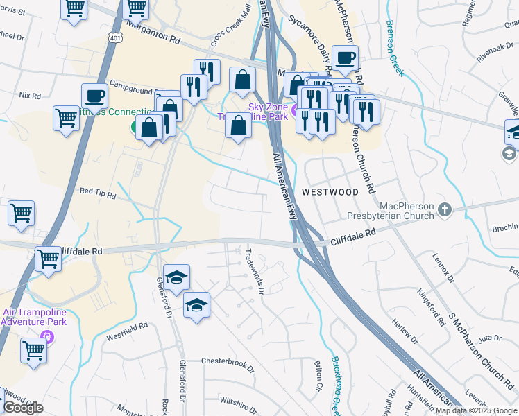 map of restaurants, bars, coffee shops, grocery stores, and more near 570 Castle Rising Road in Fayetteville