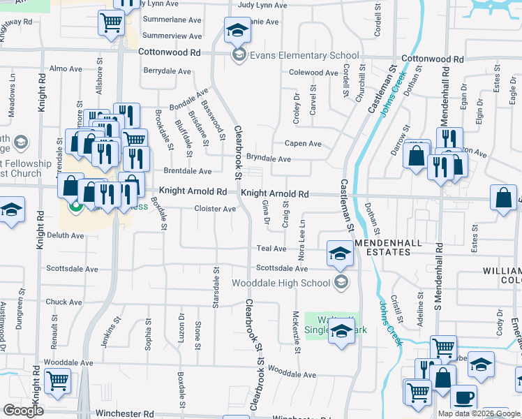 map of restaurants, bars, coffee shops, grocery stores, and more near 3210 Gina Drive in Memphis