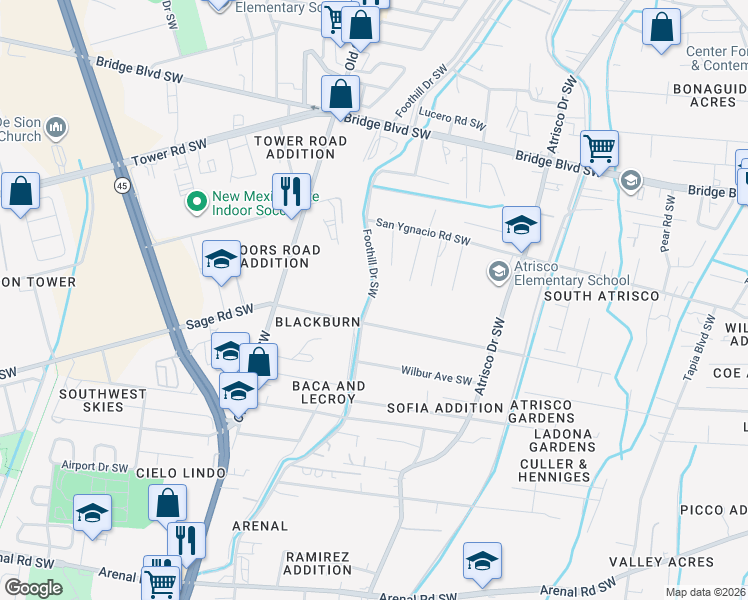 map of restaurants, bars, coffee shops, grocery stores, and more near 1238 Foothill Drive Southwest in Albuquerque