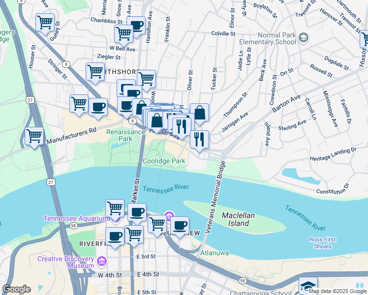 map of restaurants, bars, coffee shops, grocery stores, and more near 200 River Street in Chattanooga