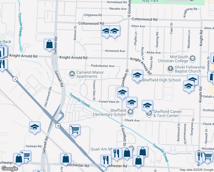 map of restaurants, bars, coffee shops, grocery stores, and more near 3216 Southbridge Street in Memphis