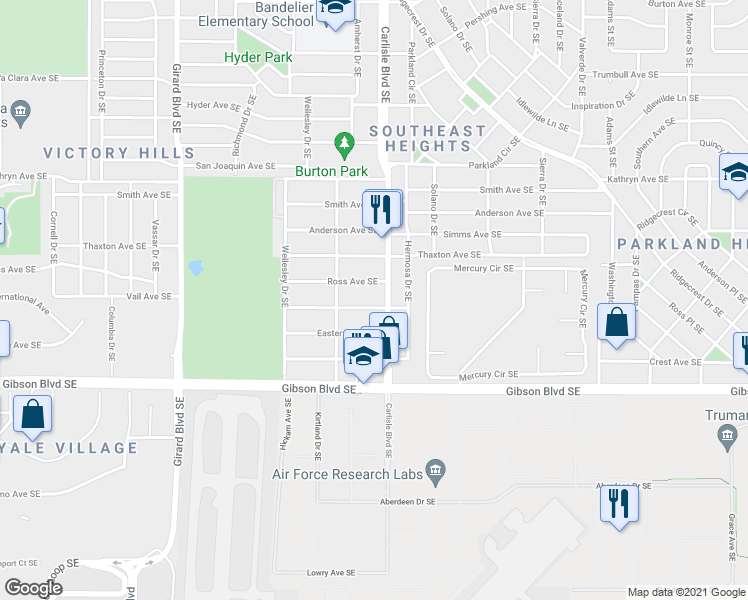 map of restaurants, bars, coffee shops, grocery stores, and more near 3525 Vail Avenue Southeast in Albuquerque