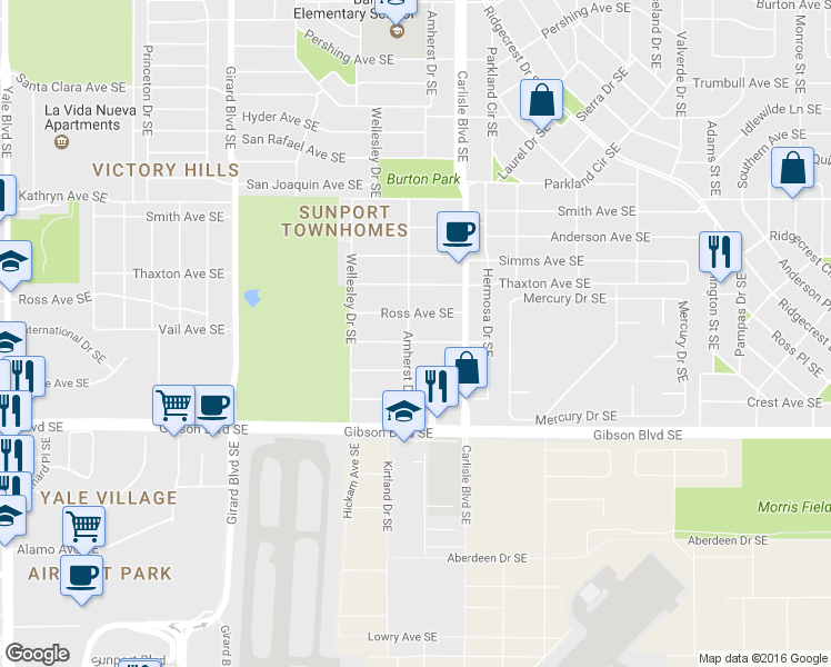 map of restaurants, bars, coffee shops, grocery stores, and more near 3501 Vail Ave SE in Albuquerque