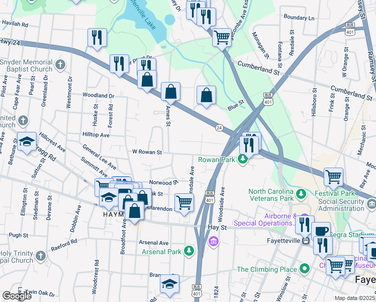 map of restaurants, bars, coffee shops, grocery stores, and more near 904 West Rowan Street in Fayetteville