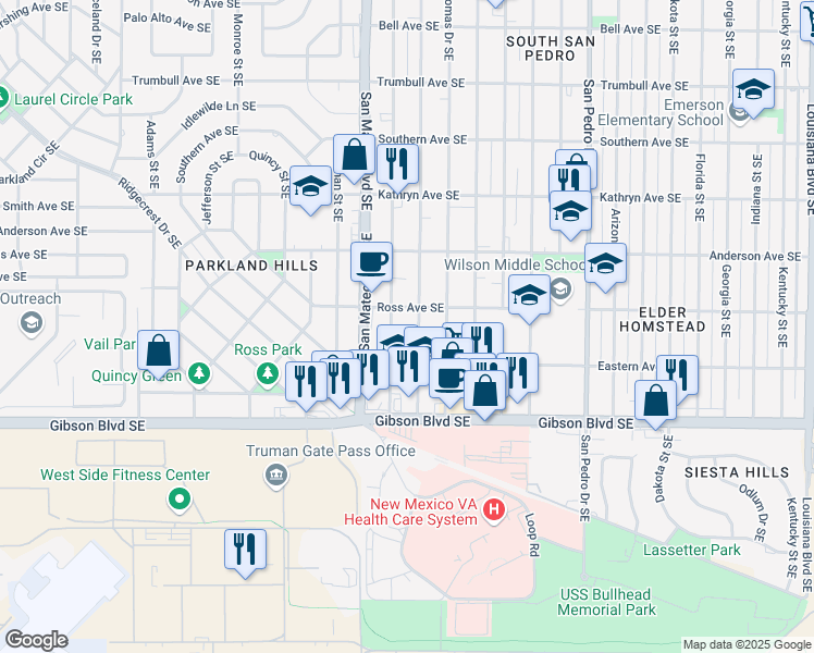 map of restaurants, bars, coffee shops, grocery stores, and more near 1200 Madeira Drive Southeast in Albuquerque