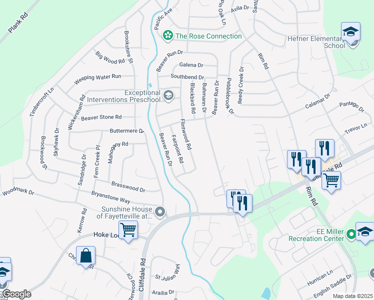 map of restaurants, bars, coffee shops, grocery stores, and more near 952 Flintwood Road in Fayetteville