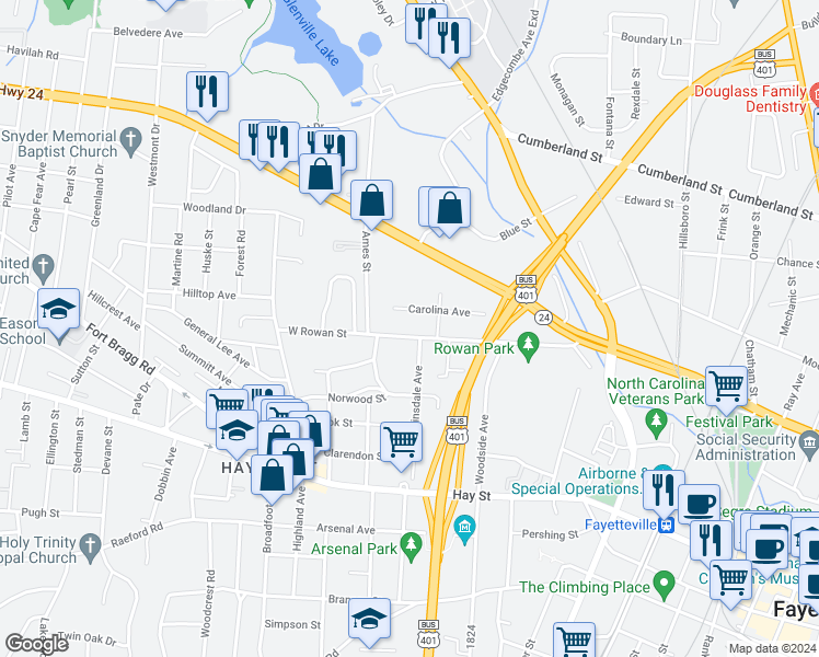 map of restaurants, bars, coffee shops, grocery stores, and more near 904 West Rowan Street in Fayetteville