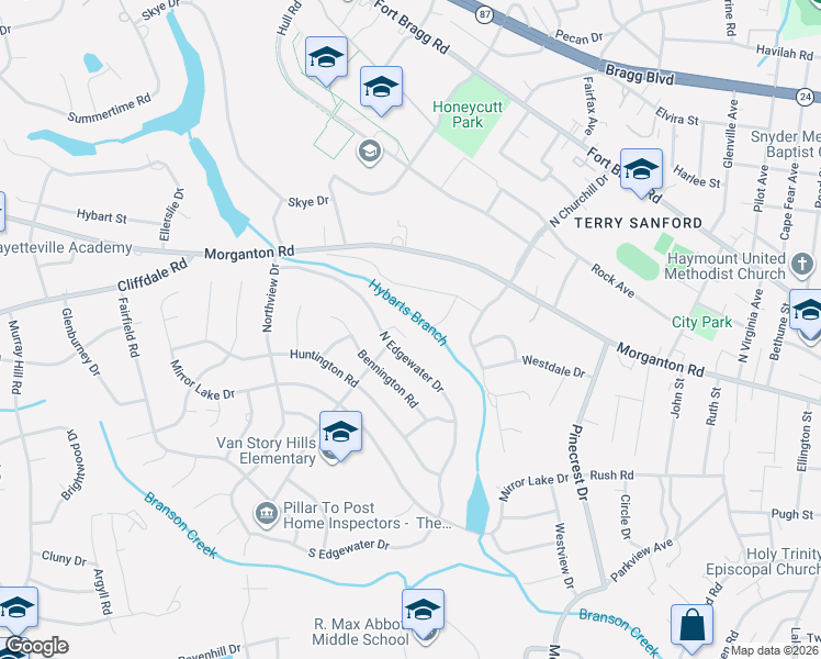 map of restaurants, bars, coffee shops, grocery stores, and more near 2620 North Edgewater Drive in Fayetteville