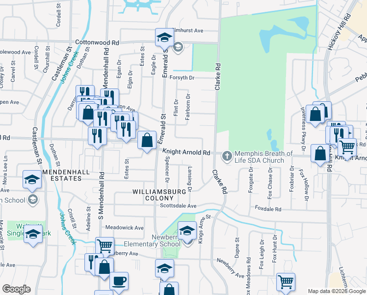 map of restaurants, bars, coffee shops, grocery stores, and more near 5547 Knight Arnold Road in Memphis