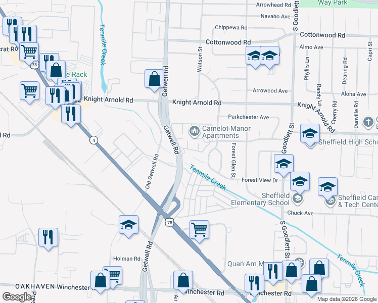 map of restaurants, bars, coffee shops, grocery stores, and more near 4002 Ashview Cove in Memphis