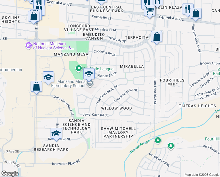map of restaurants, bars, coffee shops, grocery stores, and more near 1001 Tony Sanchez Drive Southeast in Albuquerque