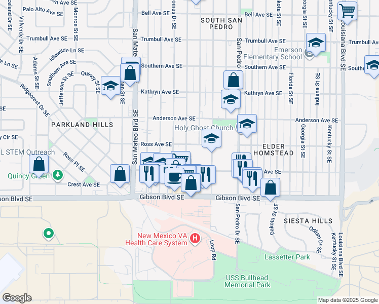 map of restaurants, bars, coffee shops, grocery stores, and more near 1111 Cardenas Drive Southeast in Albuquerque