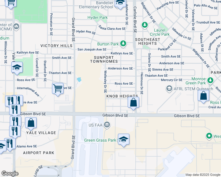 map of restaurants, bars, coffee shops, grocery stores, and more near 3414 Vail Avenue Southeast in Albuquerque
