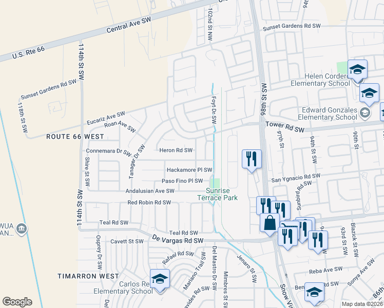 map of restaurants, bars, coffee shops, grocery stores, and more near 10301 Connemara Drive Southwest in Albuquerque