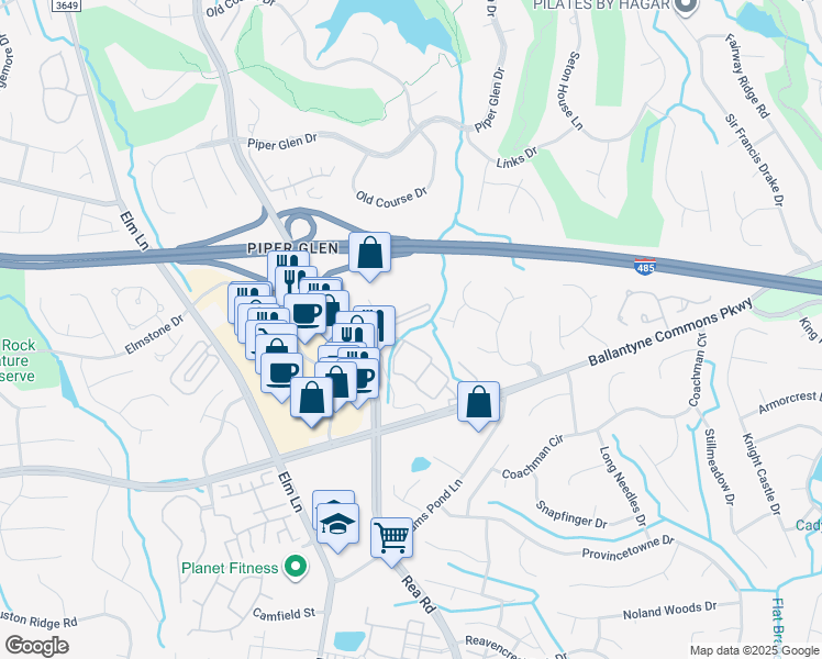 map of restaurants, bars, coffee shops, grocery stores, and more near 7813 Spindletop Place in Charlotte
