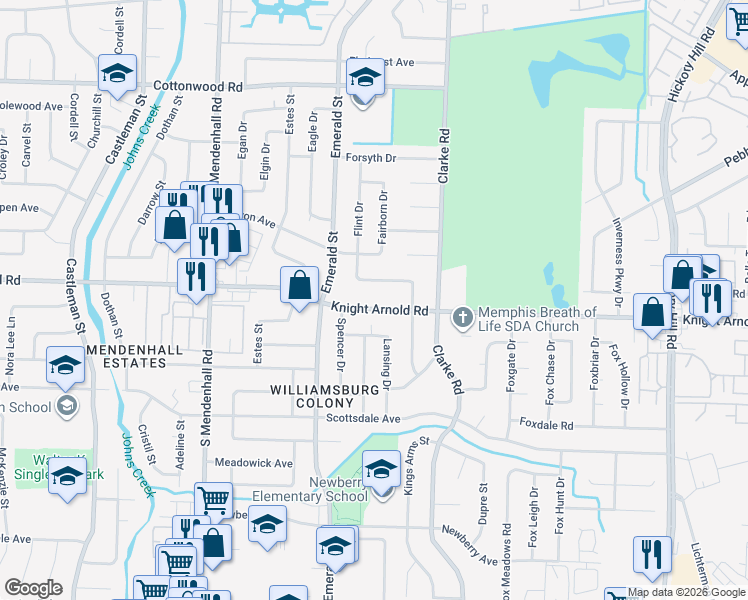 map of restaurants, bars, coffee shops, grocery stores, and more near 5547 Knight Arnold Road in Memphis
