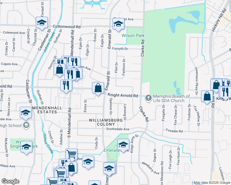 map of restaurants, bars, coffee shops, grocery stores, and more near 5507 Knight Arnold Road in Memphis