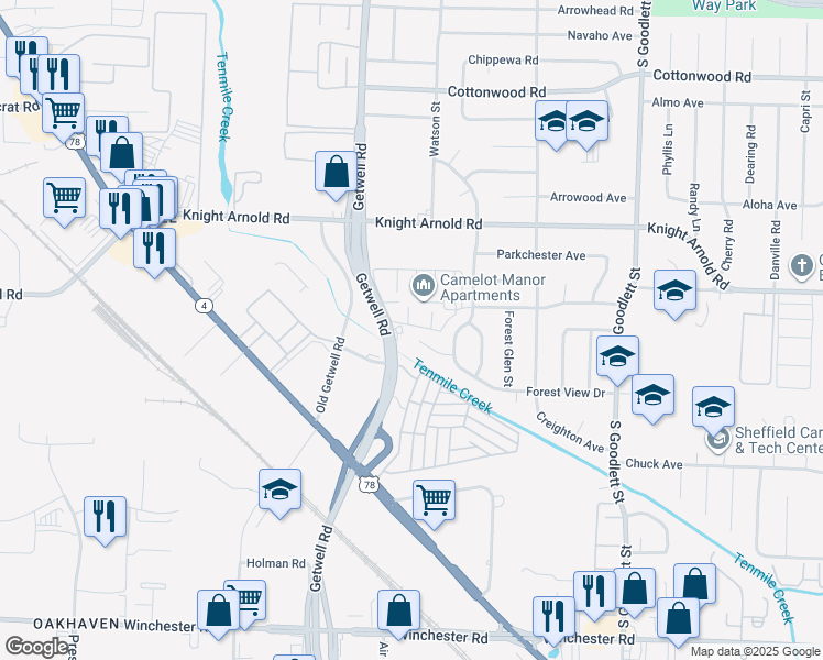 map of restaurants, bars, coffee shops, grocery stores, and more near 4002 Ashview Cove in Memphis
