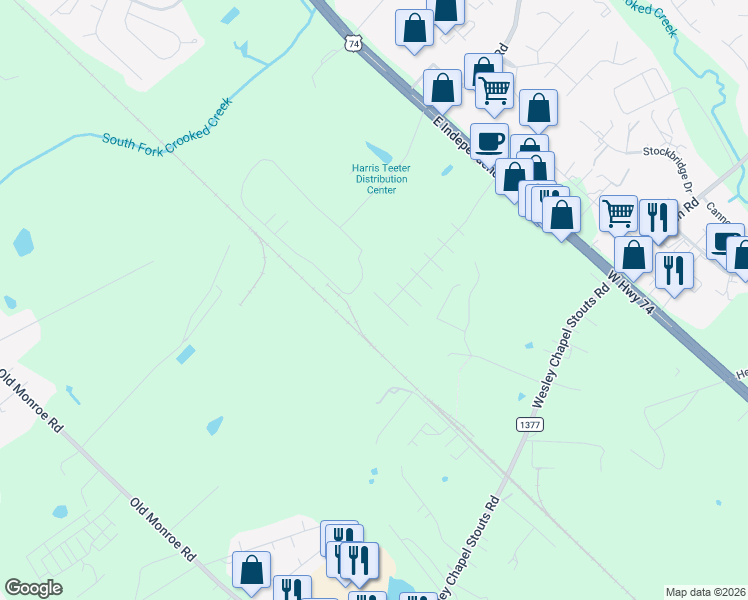 map of restaurants, bars, coffee shops, grocery stores, and more near 5907 Bridgeway Drive in Indian Trail