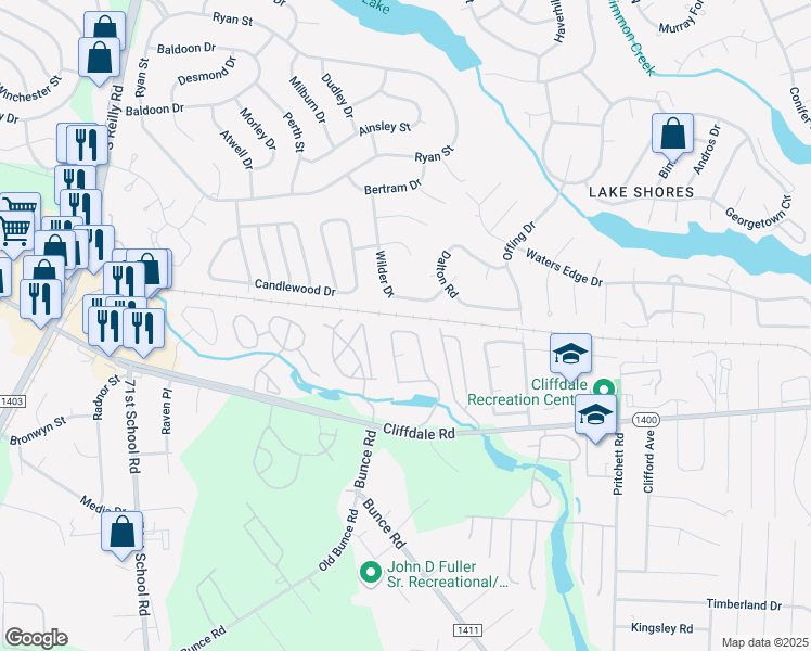 map of restaurants, bars, coffee shops, grocery stores, and more near 677 Bartons Landing Place in Fayetteville