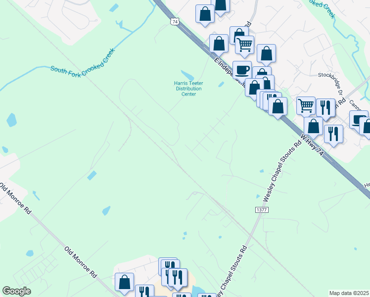 map of restaurants, bars, coffee shops, grocery stores, and more near 5907 Bridgeway Drive in Indian Trail