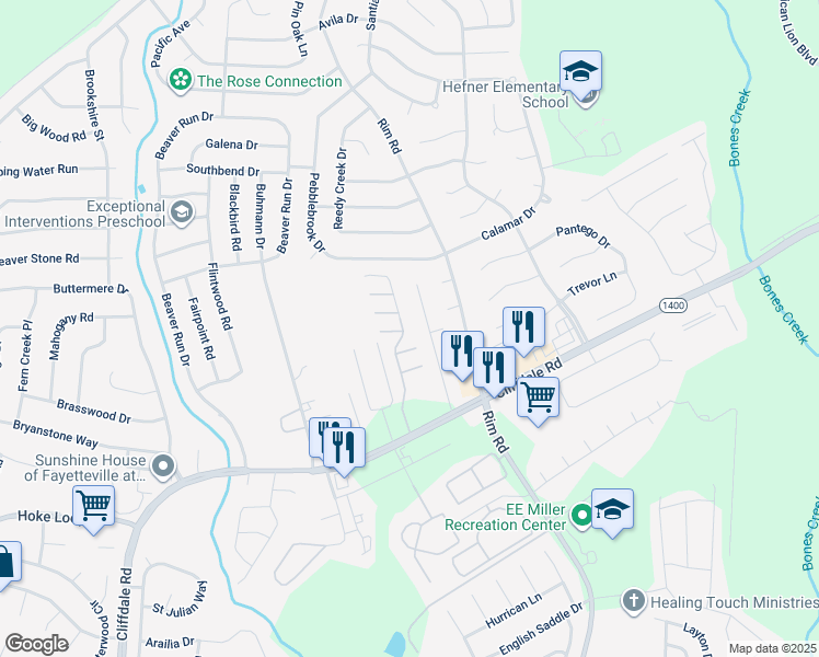 map of restaurants, bars, coffee shops, grocery stores, and more near 1217 Braybrooke Place in Fayetteville