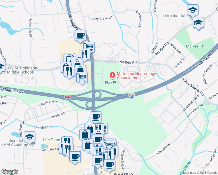 map of restaurants, bars, coffee shops, grocery stores, and more near 10700 Sikes Place in Charlotte