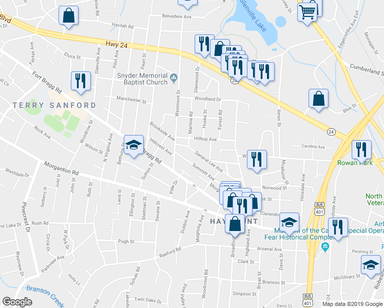 map of restaurants, bars, coffee shops, grocery stores, and more near 1419 General Lee Avenue in Fayetteville