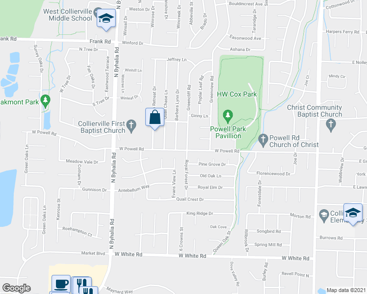map of restaurants, bars, coffee shops, grocery stores, and more near 833 Greencliff Road in Collierville