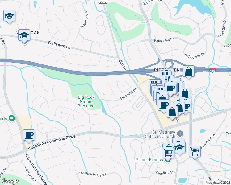 map of restaurants, bars, coffee shops, grocery stores, and more near 10801 Summitt Tree Court in Charlotte